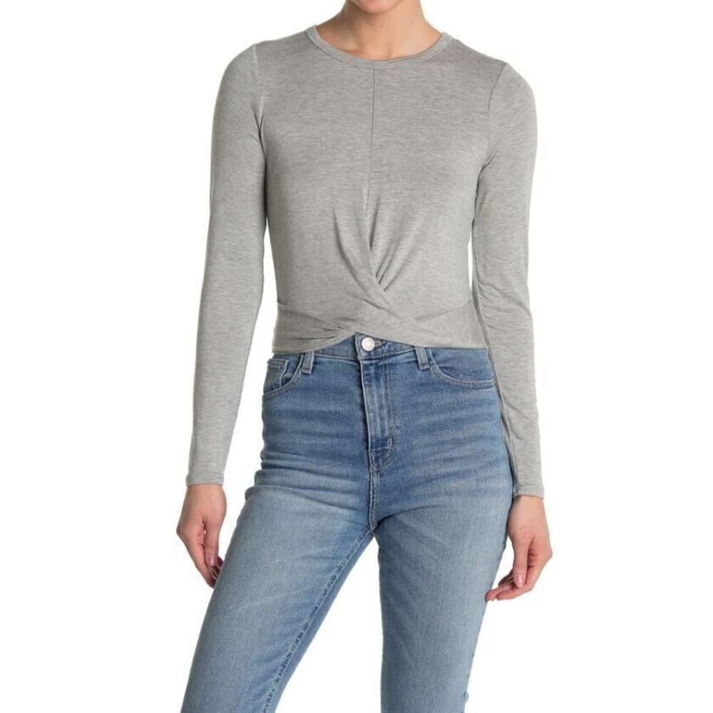 Socialite Women's Front Twist Long Sleeve Round Neck Top Grey Xlarge